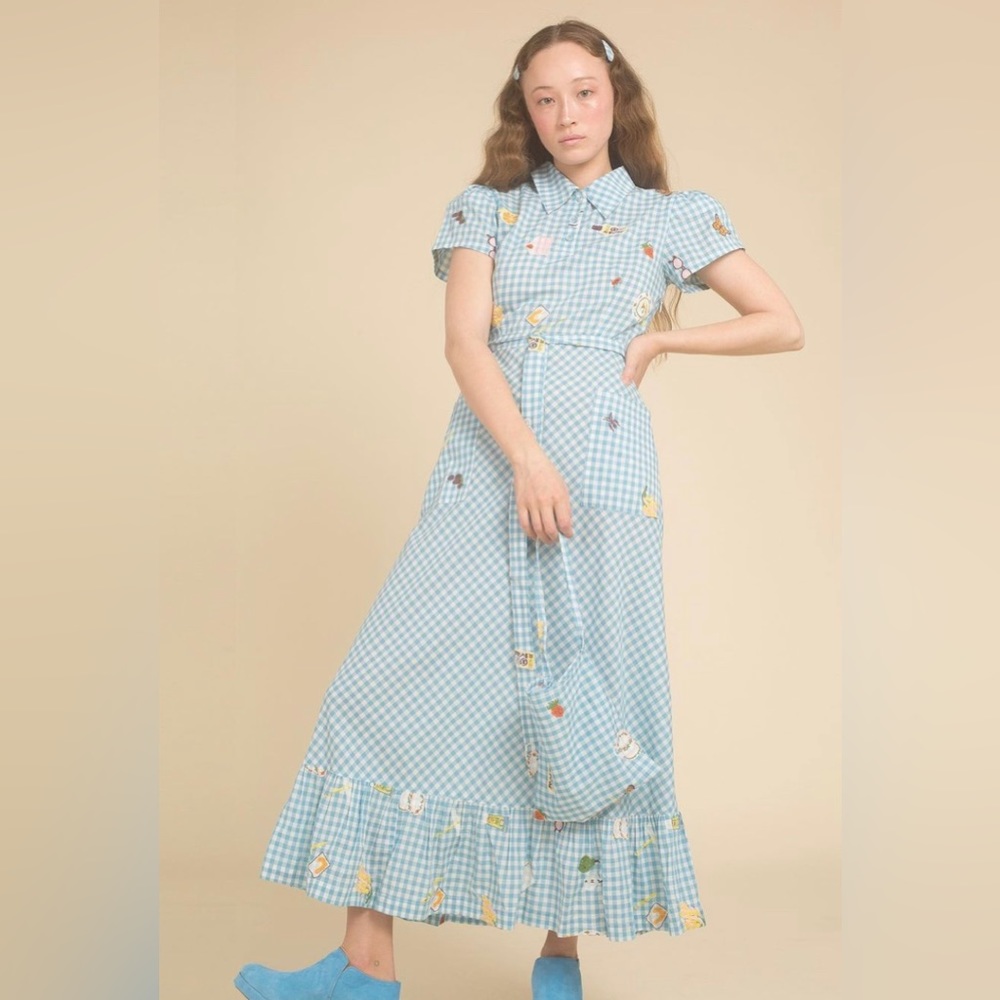 Samantha Pleet Light Blue Gingham Floral Maxi Dress